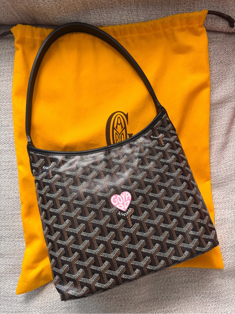 Goyard Mini Boheme Hobo Shoulder Canvas Bag in Black with Pink Heart Marquage